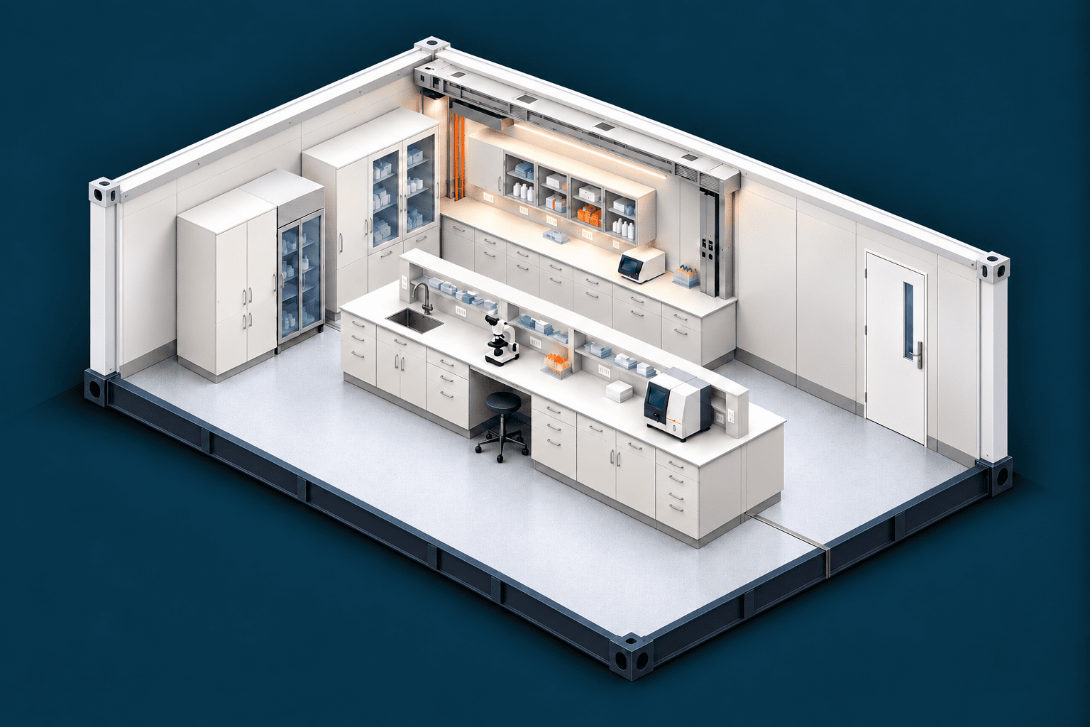 Konzeptvisualisierung eines modularen Labors mit Containerrahmen, Laborarbeitsplätzen und Verbindung zweier Module unter dem Arbeitstisch.